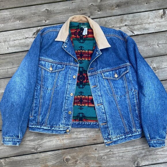 Vintage 1980s Blanket Lined Giordano Aztec Denim Jacket Large - Picture 6 of 14